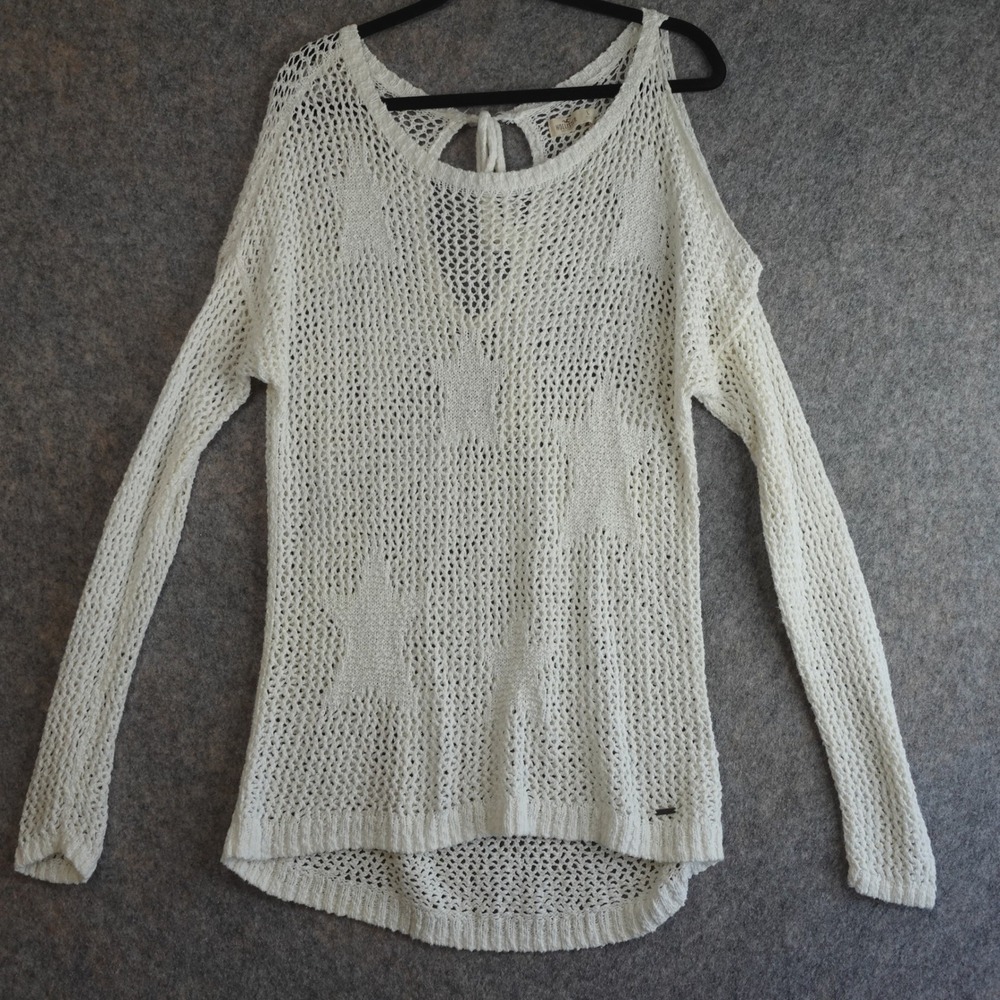 Hollister Open Knit Sweater Top Women L White Crochet Star Beachy Cover Up Tunic